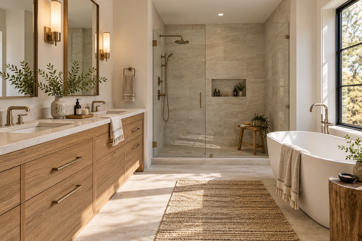 Finished natural oak and stone bathroom renovation